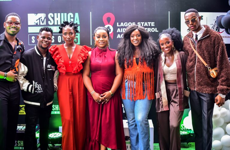 Paramount Africa Culture Squad Member, Ilooise Omohinmin; actors Tomiwa Tegbe and Gbubemi Ejeye; Country Manager, MTV Staying Alive Foundation, Anita Adesiyan; Co-founder, 1pod Pictures and showrunner, MTV Shuga Naija season 5, Temidayo 'Ted' Makanjuola; actors Genoveva Umeh and Kanaga Jnr. Eme at the MTV Shuga Naija Season 5 media briefing event in Lagos.