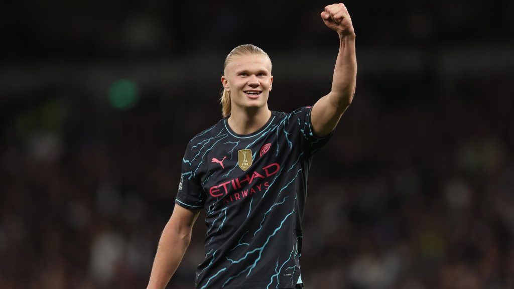 "Erling Haaland's impressive double propels Manchester City closer to an unprecedented fourth consecutive Premier League title. Their 2-0 victory over Tottenham Hotspur away from home puts them within touching distance of the coveted trophy. Stay tuned as the title race heats up!"